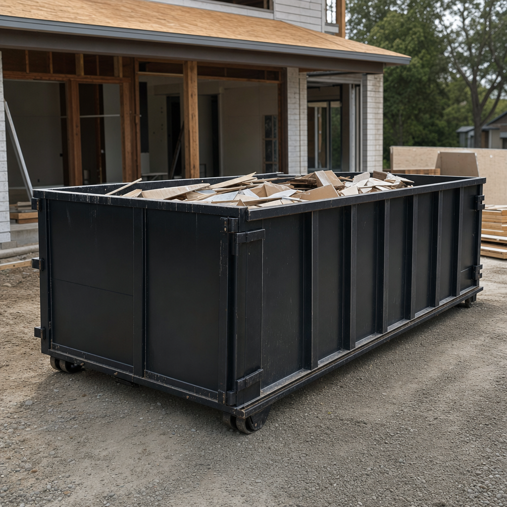 Large matte-black 30-yard construction roll-off dumpster at an active Eau Claire jobsite, steel-gray top rails and bottom rollers visible, loaded with construction debris.