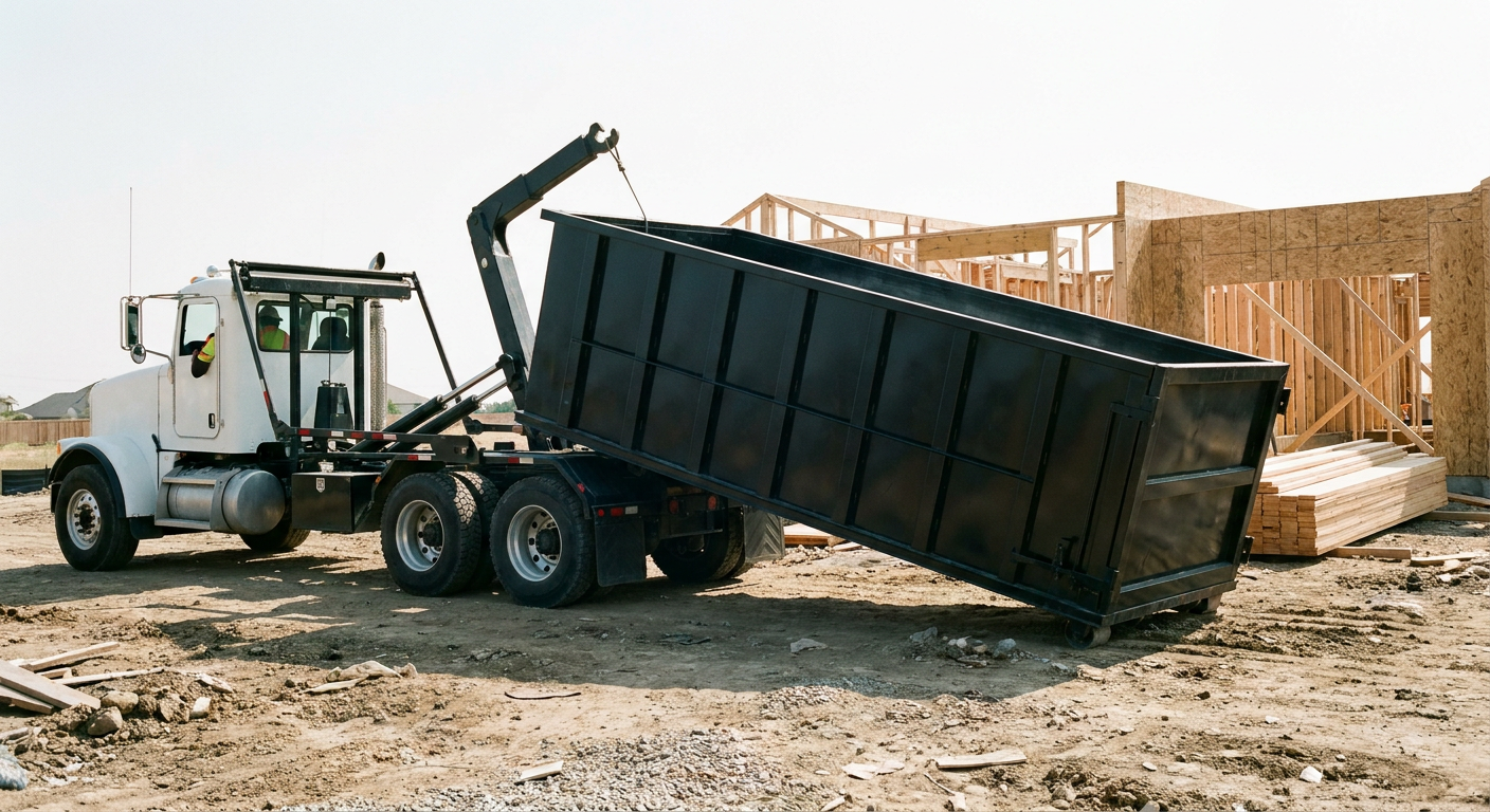 Matte-black roll-off dumpster being delivered onto a clean residential concrete driveway in Eau Claire by an unmarked white hooklift hauler truck, bright morning daylight, documentary 35mm perspective.
